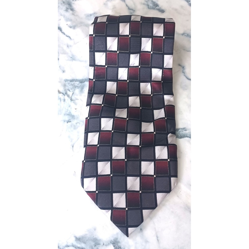 George Silk Tie Mens OS Burgundy Grey Excellent Geometric Checkered Handmade